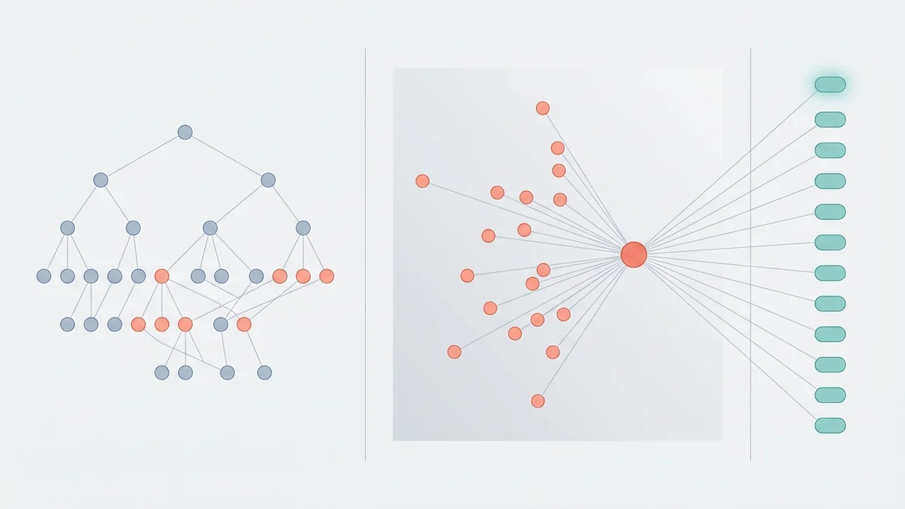 Schematic of inductive gene-disease prediction: a phenotype ontology graph, a latent space aggregating phenotypes into a disease representation, and a ranked column of candidate genes