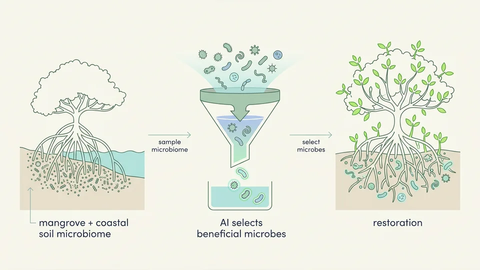 Enabling mangrove restoration by AI-tailored microbiome fortification — research illustration